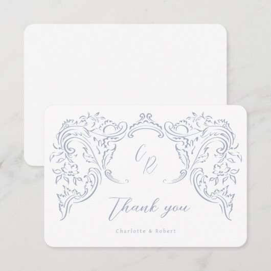 Dusty Blue  Flourish Monogram Wedding Bedankkaart (Voorkant / Achterkant)