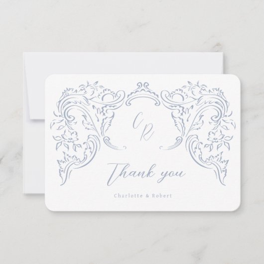 Dusty Blue  Flourish Monogram Wedding Bedankkaart (Voorkant)