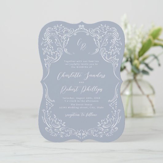 Dusty Blue  Flourish Monogram Wedding Kaart (Staand voorkant)