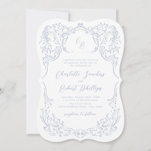 Dusty Blue  Flourish Monogram Wedding Kaart (Voorkant)