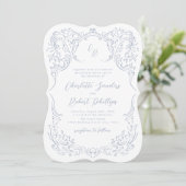 Dusty Blue  Flourish Monogram Wedding Kaart (Staand voorkant)