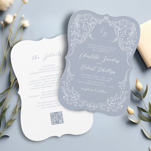 Dusty Blue  Flourish Monogram Wedding Kaart