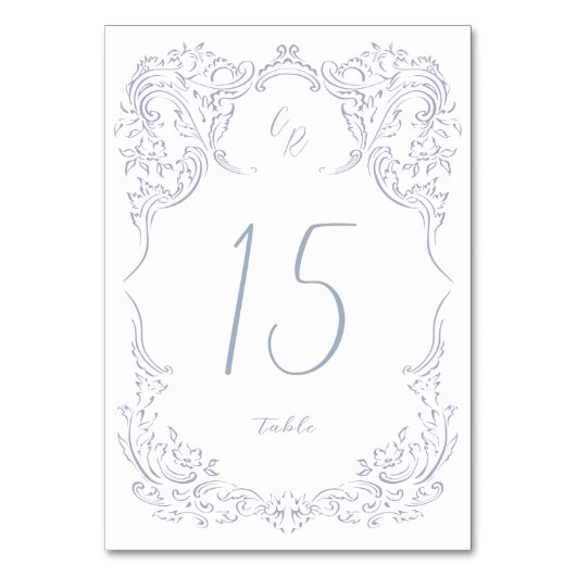 Dusty Blue Flourish Monogram Wedding Kaart (Voorkant)