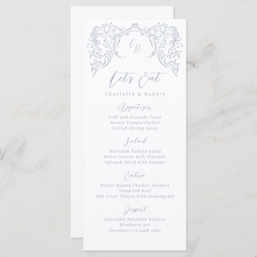 Dusty Blue Flourish Monogram Wedding Menu (Voorkant / Achterkant)