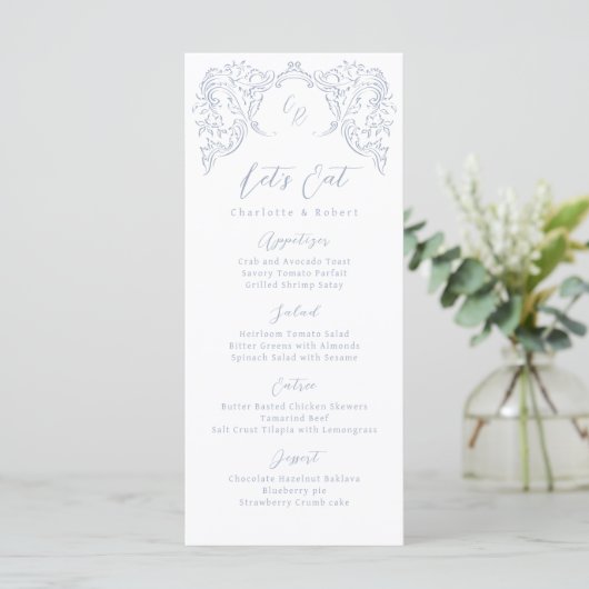Dusty Blue  Flourish Monogram Wedding Menu (Staand voorkant)