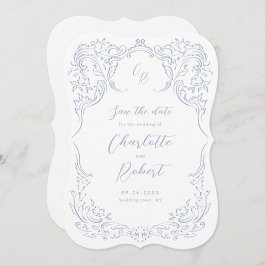 Dusty Blue  Flourish Monogram Wedding Save The Date (Voorkant / Achterkant)