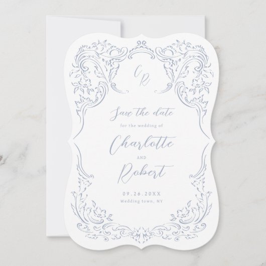 Dusty Blue Flourish Monogram Wedding Save The Date (Voorkant)