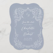 Dusty Blue Flourish Monogram Wedding Save The Date (Voorkant / Achterkant)