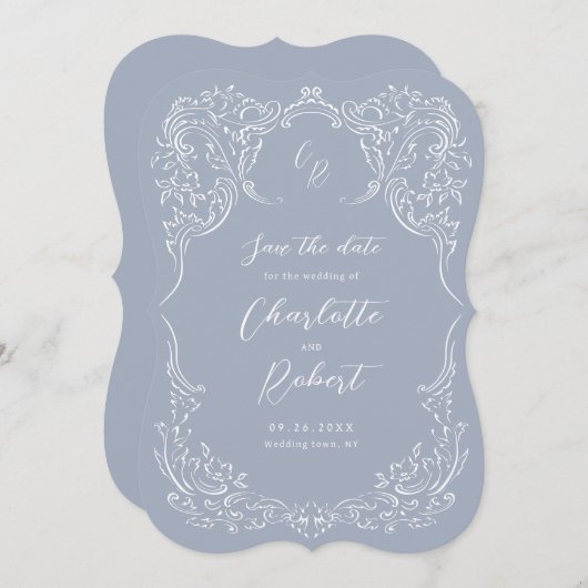 Dusty Blue Flourish Monogram Wedding Save The Date (Voorkant / Achterkant)