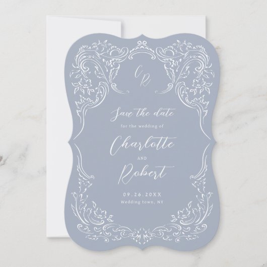 Dusty Blue Flourish Monogram Wedding Save The Date (Voorkant)