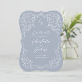 Dusty Blue Flourish Monogram Wedding Save The Date (Staand voorkant)