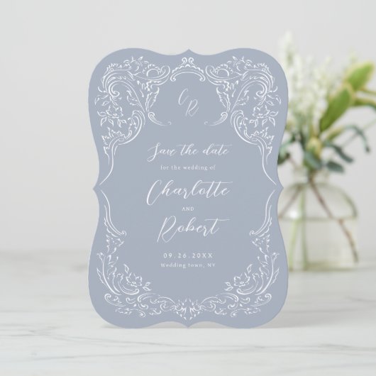 Dusty Blue Flourish Monogram Wedding Save The Date (Staand voorkant)