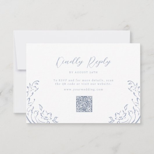 Dusty Blue Flourish QR code bruiloft RSVP Kaartje (Voorkant)