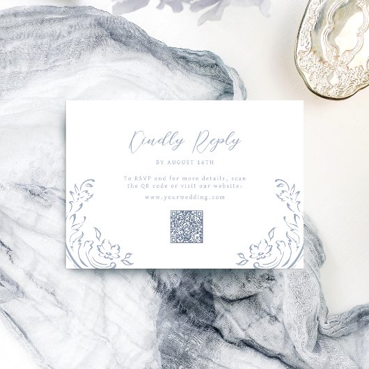 Dusty Blue  Flourish QR code bruiloft RSVP Kaartje