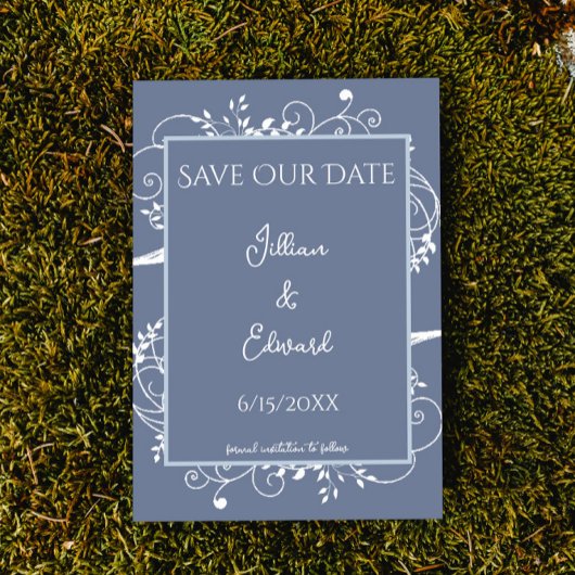 Dusty Blue Flourish Save the Date Notice Aankondiging