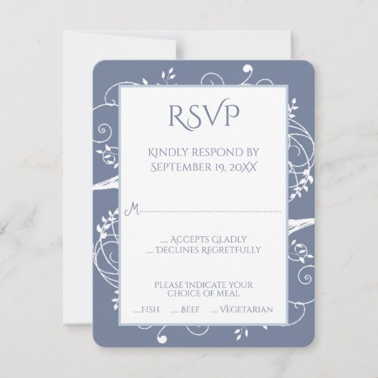 Dusty Blue Flourish Wedding RSVP Kaart (Voorkant)