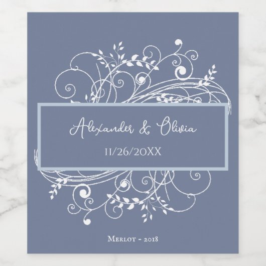 Dusty Blue Flourish Wedding Wine Label Wijn Etiket (Enkel label)