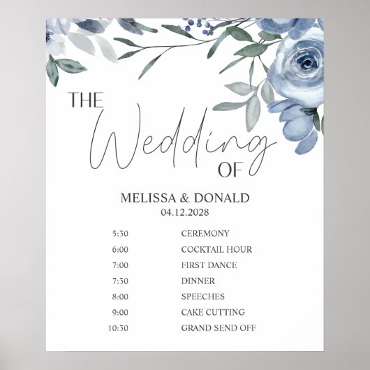 Dusty Blue Flower Eenvoudig trouwprogramma Poster (Voorkant)