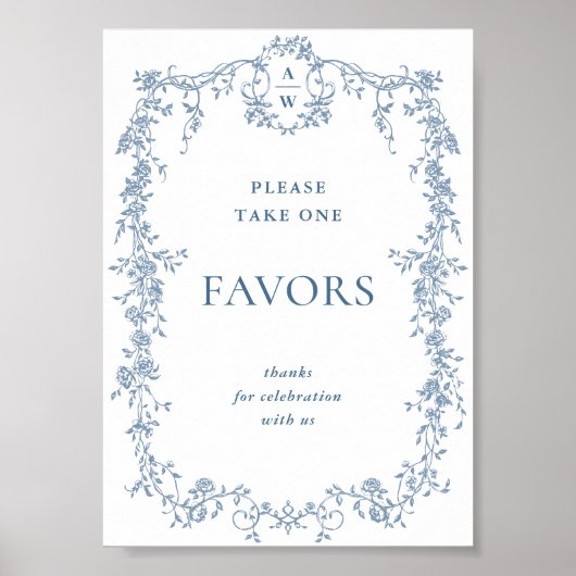 Dusty Blue Flower Victoriaans Favors Trouwbord Poster (Voorkant)