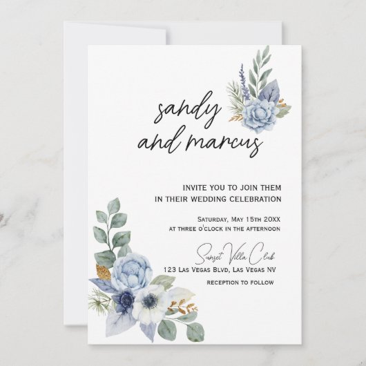 Dusty Blue Flower Wedding Photo Uitnodiging (Voorkant)