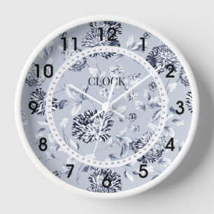 Dusty Blue Flowering White Moderne Dial Clock
