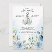 Dusty Blue Flowers Anchor Wedding Invitation Kaart (Voorkant)