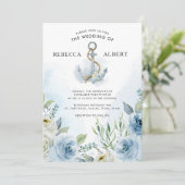Dusty Blue Flowers Anchor Wedding Invitation Kaart (Staand voorkant)