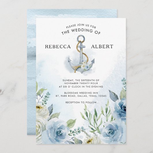 Dusty Blue Flowers Anchor Wedding Invitation Kaart (Voorkant / Achterkant)