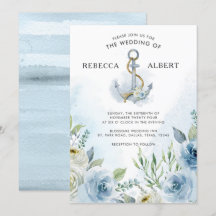 Dusty Blue Flowers Anchor Wedding Invitation