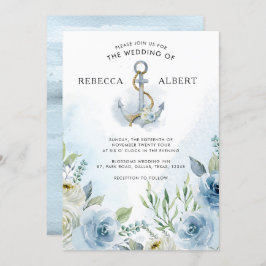 Dusty Blue Flowers Anchor Wedding Invitation Kaart
