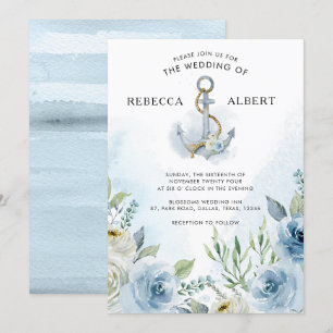 Dusty Blue Flowers Anchor Wedding Invitation Kaart