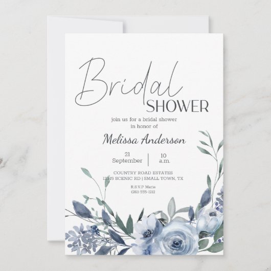 Dusty Blue Flowers Boho Bridal Shower Uitnodiging (Voorkant)