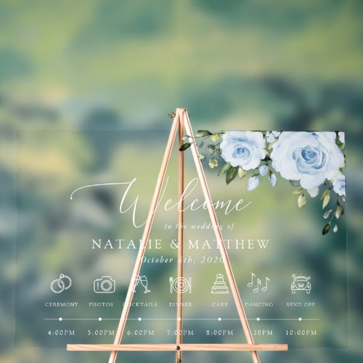Dusty Blue Flowers, Boho, Bruiloft Welkom Acryl Bord (Neutraal)