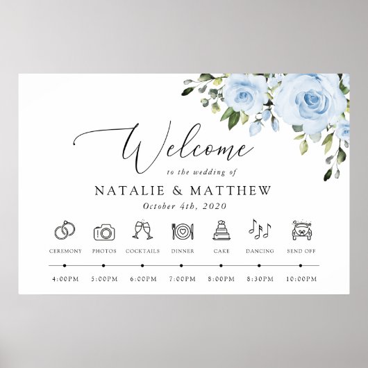 Dusty Blue Flowers, Boho, Bruiloft Welkom Poster (Voorkant)