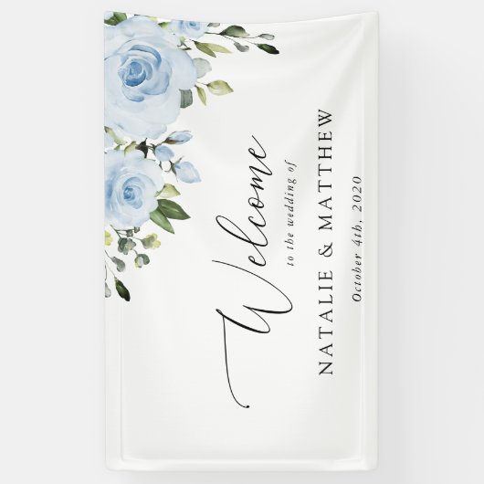 Dusty Blue Flowers, Boho, Bruiloft Welkom Spandoek (Verticaal)