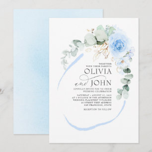 Dusty Blue Flowers Elegant Modern Romantic Wedding Kaart