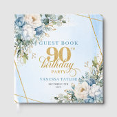 Dusty Blue Flowers Elegant Script 90th Birthday Gastenboek (Voorkant)