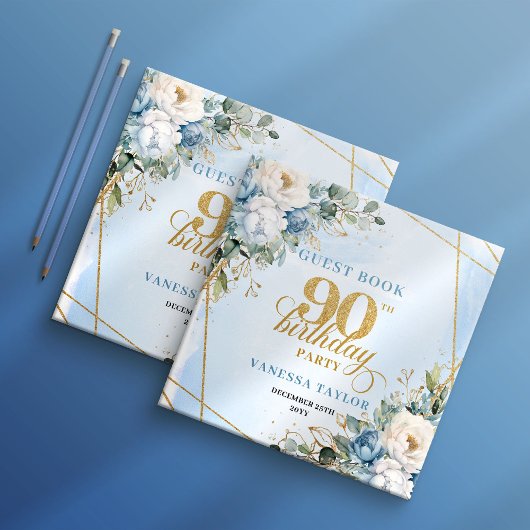 Dusty Blue Flowers Elegant Script 90th Birthday Gastenboek