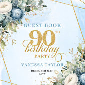 Dusty Blue Flowers Elegant Script 90th Birthday Gastenboek