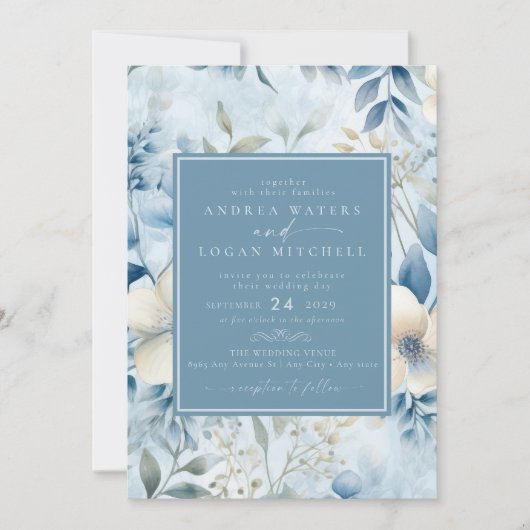 Dusty Blue Flowers | Elegant Tuin Bruiloft Kaart (Voorkant)
