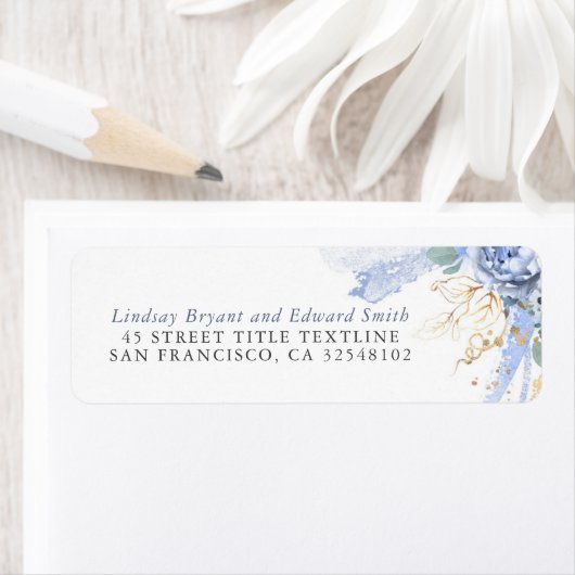 Dusty Blue Flowers en Gold Greenery Elegant Etiket (Insitu)