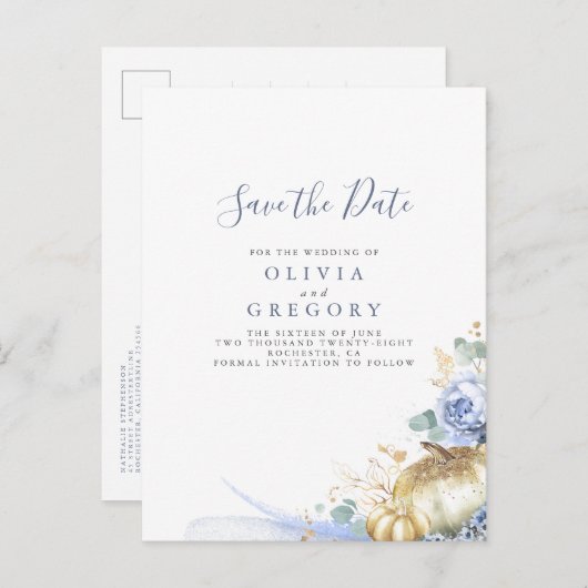 Dusty Blue Flowers en Pompoenen sparen de datum Aankondigingskaart (Voorkant / Achterkant)