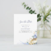 Dusty Blue Flowers en Pompoenen sparen de datum Aankondigingskaart (Staand voorkant)