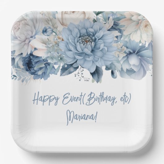 Dusty Blue Flowers Floral Party Papieren Bordje (Voorkant)