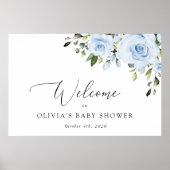 Dusty Blue Flowers, Greenery, Baby shower Welcome Poster (Voorkant)