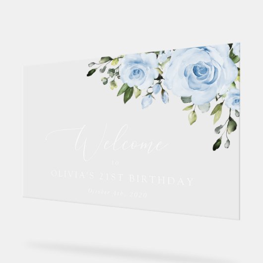 Dusty Blue Flowers, Greenery, Birthday Welcome Acryl Bord (Hoek)