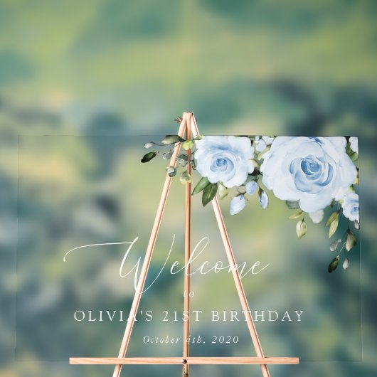 Dusty Blue Flowers, Greenery, Birthday Welcome Acryl Bord (Neutraal)