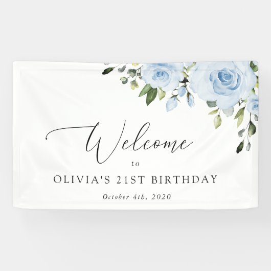 Dusty Blue Flowers, Greenery, Birthday Welcome Spandoek (Horizontaal)
