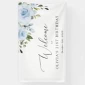Dusty Blue Flowers, Greenery, Birthday Welcome Spandoek (Verticaal)