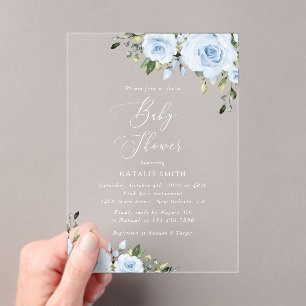 Dusty Blue Flowers, Greenery, Boho, Baby shower Acryl Uitnodigingen